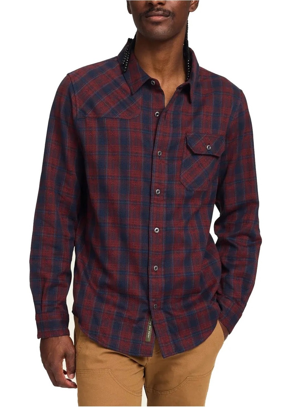 Howler Brothers Harkers Flannel Shirt Mens Maroon Navy Barrett Plaid Western
